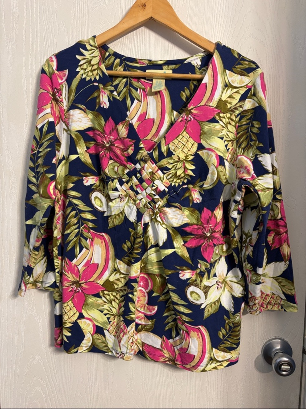 Caribbean Joe Navy Floral V-Neck Tunic with Pink & Green Tropical Print